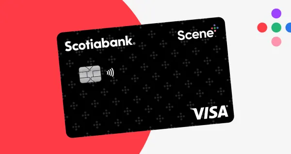 The Scotiabank Scene+ Visa Card set on a red background.