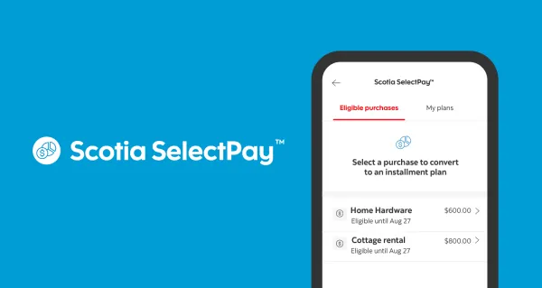 The smartphone interface of the Scotia SelectPay app feature