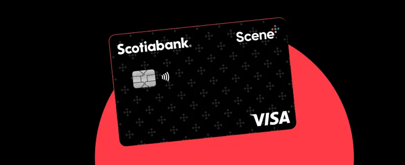 The Scotiabank Scene+ Visa Card on a red background.